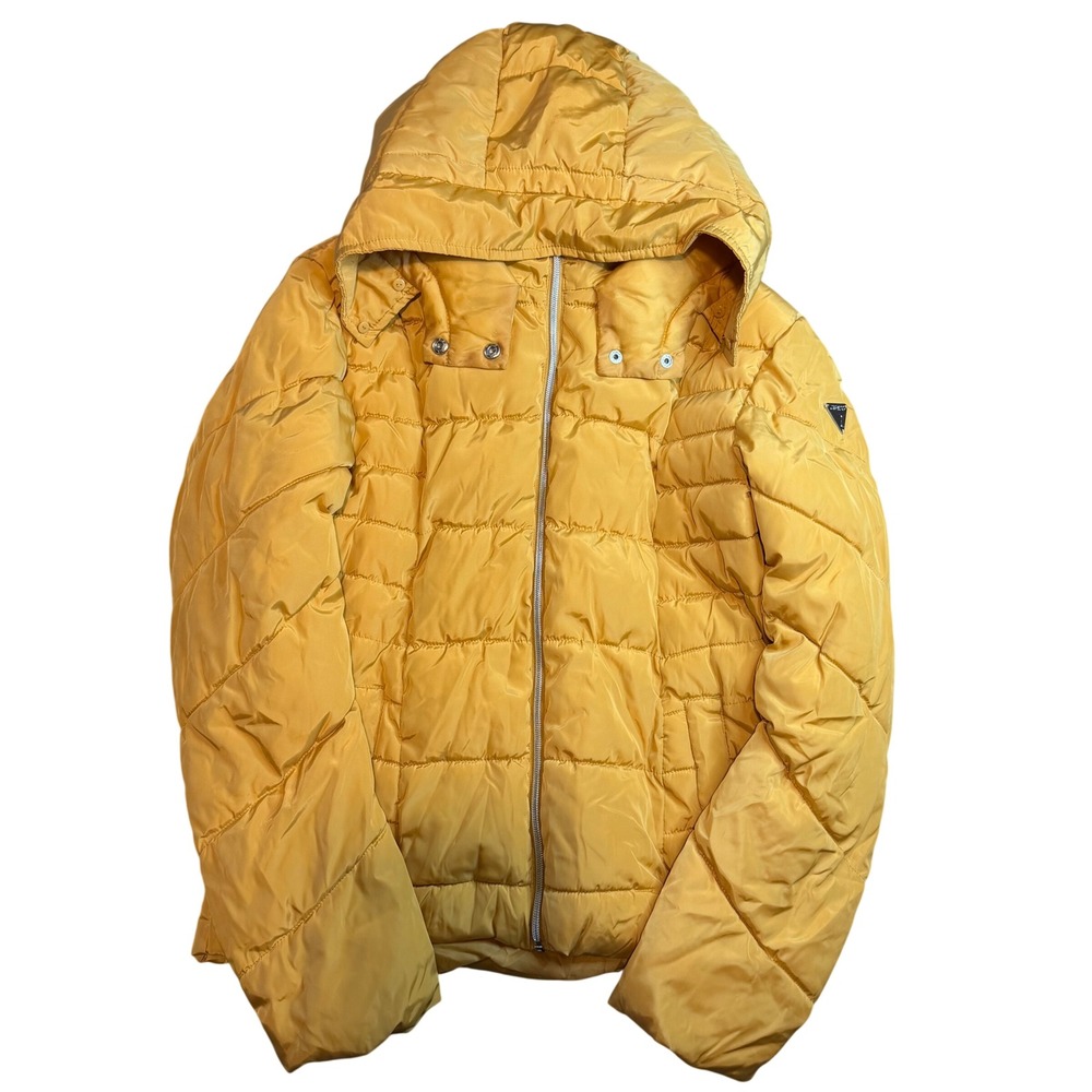 Guess Los Angeles Mustard Yellow Quilted Hooded Puffer Jacket Women Large